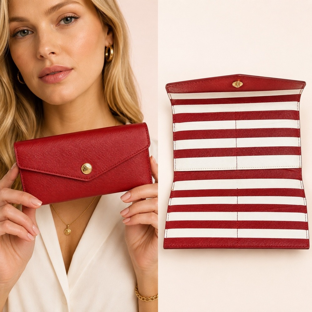 Michael Kors Red Saffiano Leather Striped Envelope Wallet Gold Hardware